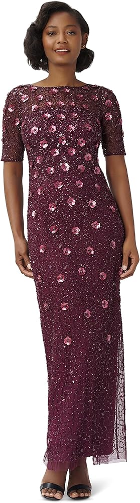 Adrianna Papell Women's Beaded Long 3D Floral Gown