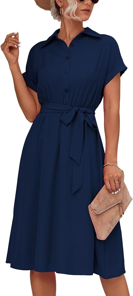 LYANER Women's Collar V Neck Button Front Tie Waist Short Sleeve Ruffle Hem Midi Dress