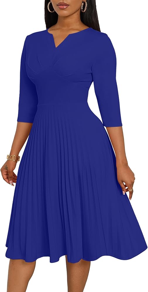 CLOCOR Midi Dresses for Women Casual Wrap Flared Pleated Dress A Line 3/4 Sleeve V Neck Church Cocktail Wedding Guest Dress