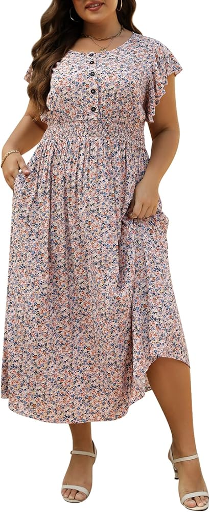 Nemidor Womens Plus Size Boho Ditsy Floral Print Casual Smocked Flared Maxi Long Dress with Pocket