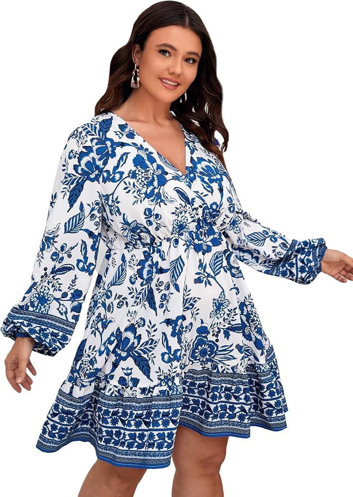 MakeMeChic Women's Plus Size Floral Lantern Sleeve Wrap V Neck Ruffle Hem Flared Short Dress