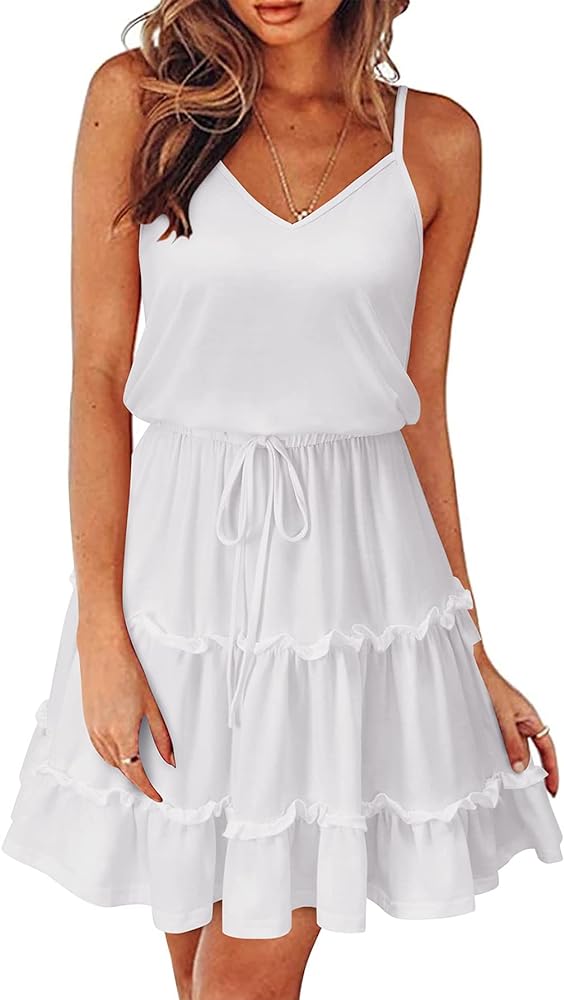 Women's Summer V Neck Sleeveless Ruffled Dress Spaghetti Strap Casual Sundress 2023 Spring