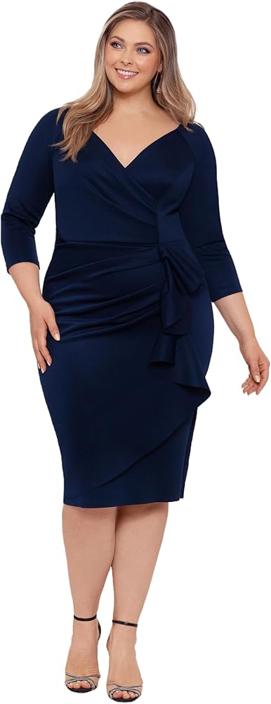 Xscape Women's Plus Size Midi V-Neck 3/4 Sleeve Side Ruched Dress