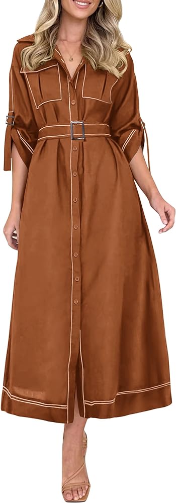 PRETTYGARDEN Women's Maxi Shirt Dress Casual 3/4 Sleeve Button Down Lapel V Neck A Line Belted Long Dresses