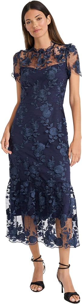 Maggy London Floral Embroidered Midi Women, High Neck Summer Cocktail & Wedding Guest Dress