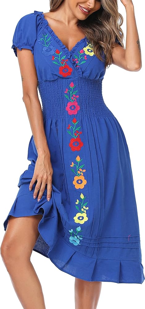 YZXDORWJ Women Mexican Embroidered Casual Dress Summer Ruffle V Neck Short Sleeves