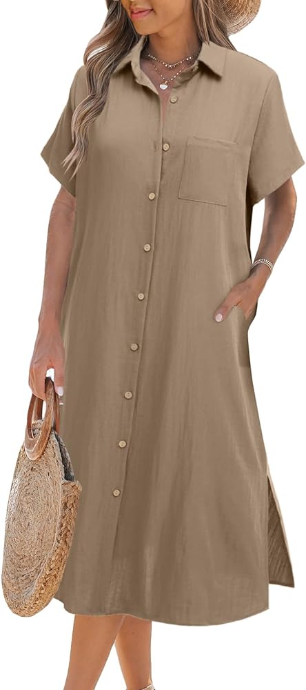 Zeagoo Womens Dress Summer Casual Short Sleeve Button Down Shirt Dress Beach Cover Up Dress with Pockets