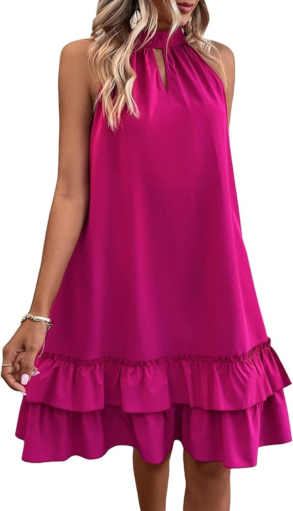 Verdusa Women's Sleeveless Tie Back Layered Ruffle Hem A Line Swing Halter Dress