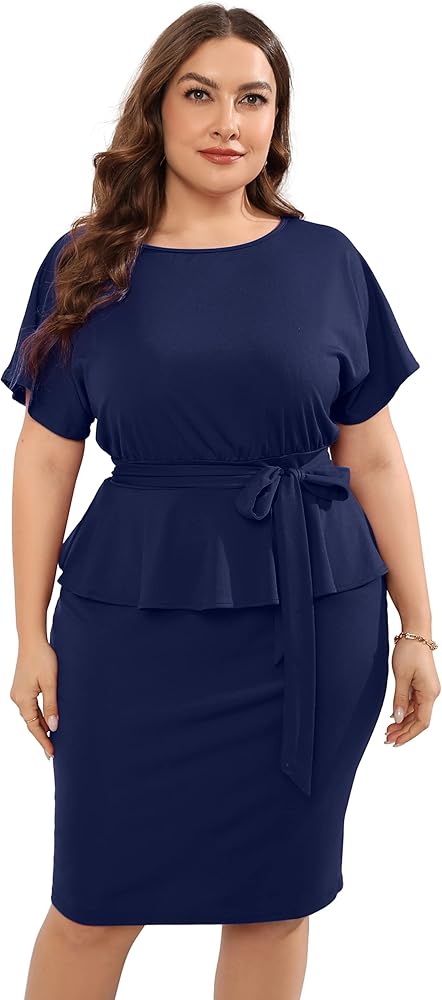 KOJOOIN Women Plus Size Bodycon Elegant Midi Dress Peplum Business Work Office Sheath Pencil Cocktail Party Dress with Belt