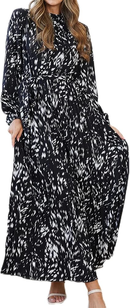 R.Vivimos Fall Dresses for Women Long Sleeve Pleated Casual Mock Neck Elegant Print Maxi Dress with Belt