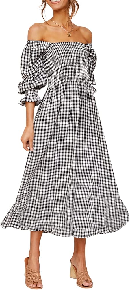 R.Vivimos Summer Dress for Women Long Sleeve Casual Plaid Print Smocked Off Shoulder A-Line Midi Dress