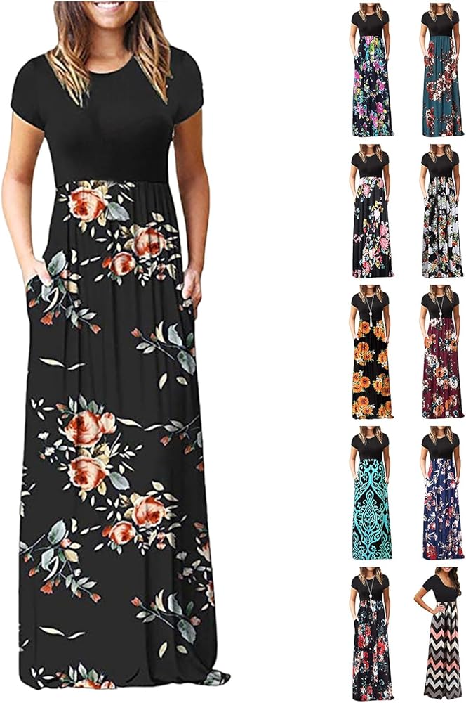 Women's Short Sleeve Loose Plain Maxi Dresses Crewneck Colorblock Floral Casual Long Dresses with Pockets for Women