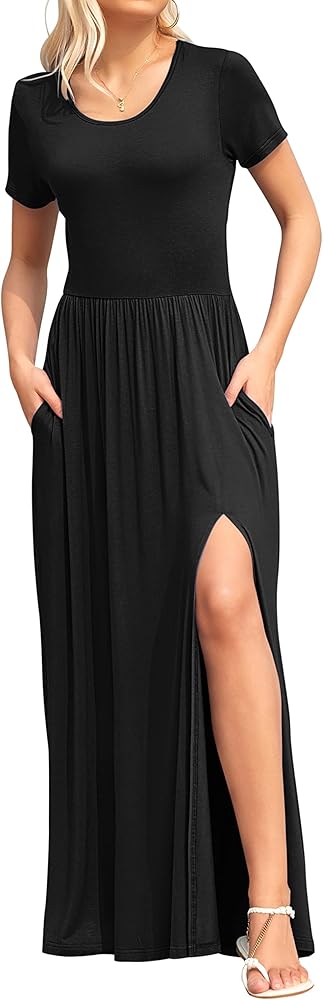 AUSELILY Women Short Sleeve Loose Plain Casual Long Maxi Dresses with Side Split