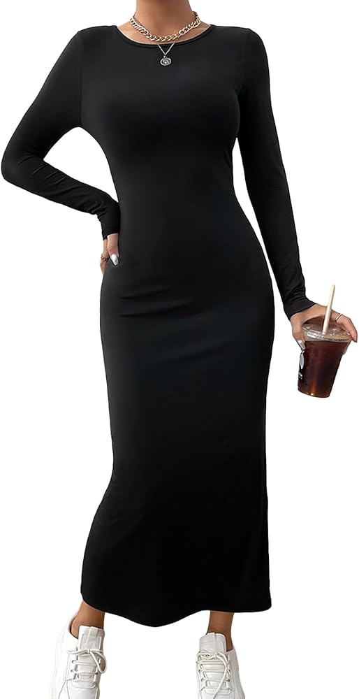 Verdusa Women's Basic Round Neck Long Sleeve Solid Bodycon Pencil Dress