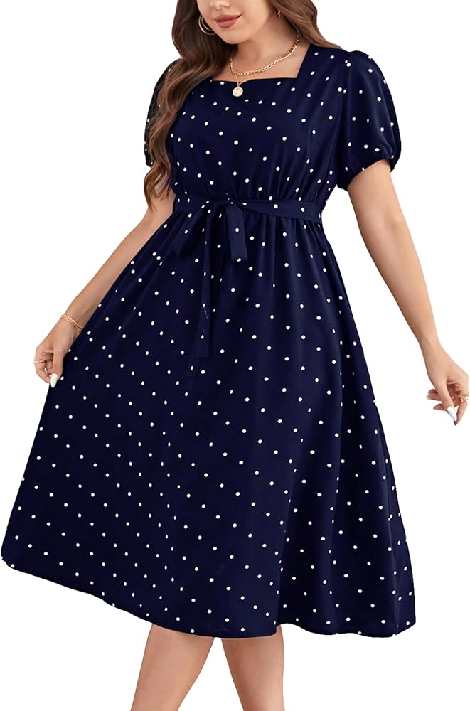 Floerns Women's Plus Size Square Neck Short Sleeve High Waist Polka Dots Print Puff Sleeve Belted Midi Dress