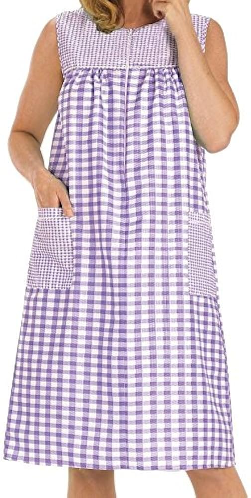 Ezi House Dresses for Women with Pockets - Moo Moos Gingham Dress - House Coat Zipper Duster Dress - Medium to Plus Size