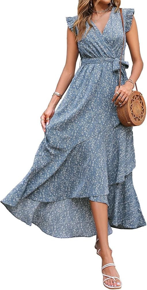 BTFBM Women Summer Dresses 2024 Ruffle Cap Sleeve V Neck Belt Wrap Split Boho Floral Long Casual Party Beach Maxi Dress