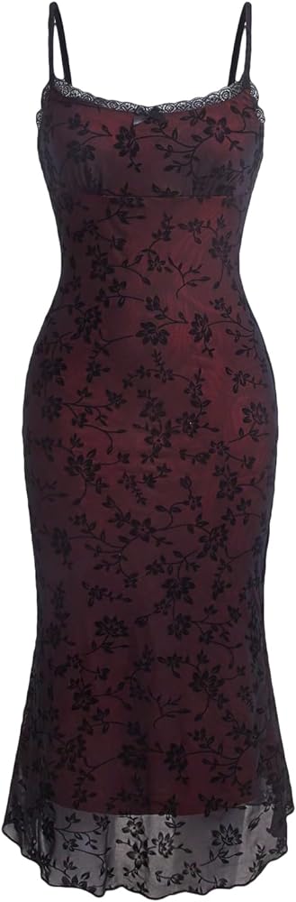 Verdusa Women's Floral Print Mesh Lettuce Trim Sleeveless Bodycon Long Cami Dress