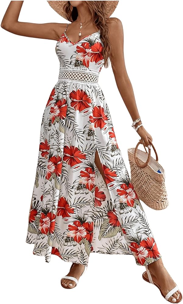 Verdusa Women's Tropical Print Sleeveless V Neck Split Thigh Cami Maxi Dress