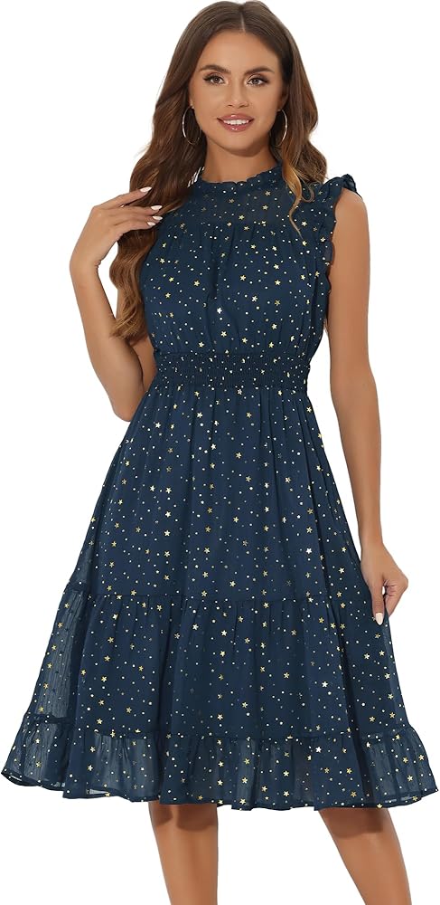 Allegra K Casual Chiffon Dress for Women's Sleeveless Smocked Waist Gilding Metallic Stars Party Dresses