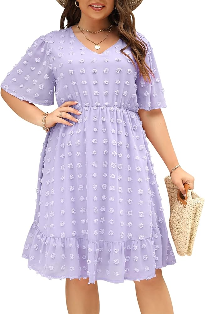 Keluummi Plus Size Wedding Guest Dresses for Curvy Women, Summer Casual Swiss Dot Chiffon Midi Dress with Short Sleeve