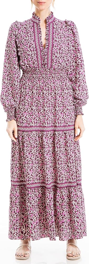 Max Studio Women's Crepe Long Sleeve Tiered Maxi Dress