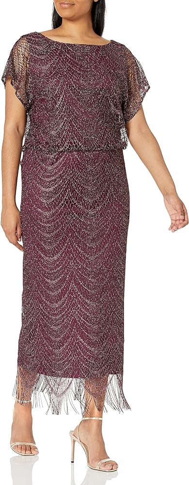 S.L. Fashions Women's Metallic Crochet Dress with Fringe Hemline