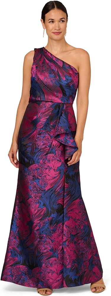 Adrianna Papell Women's One Shoulder Jacquard Gown