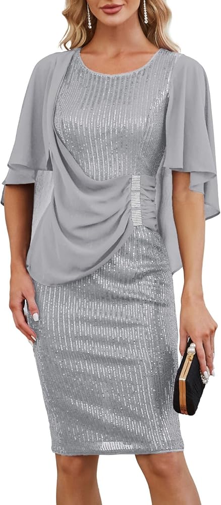 Hanna Nikole 2024 Womens Sequin Party Dress Plus Size Chiffon Cape Sleeve Cocktail Midi Dress