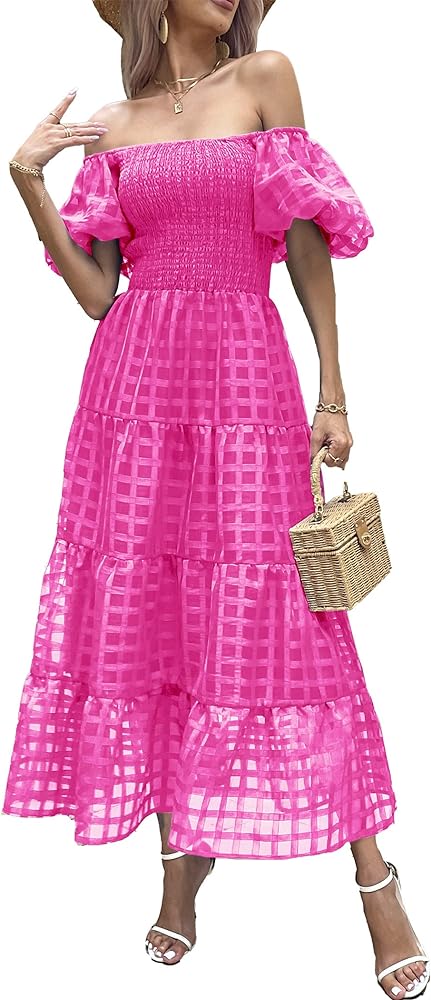 PRETTYGARDEN Women's Casual Summer Dress Puffy Short Sleeve Square Neck Smocked Tiered A Line Maxi Long Dresses