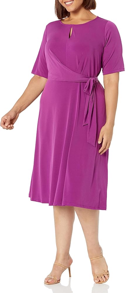 London Times Women's Side Tie Flattering Midi Length Chic Versatile Matte Jersey Dress