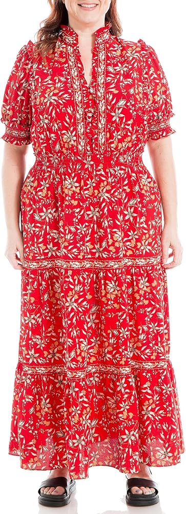 Max Studio Women's Plus Size Crepe Smocked Short Sleeve Tiered Maxi Dress