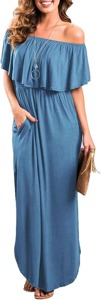 Sarin Mathews Womens Off The Shoulder Ruffle Party Dress Casual Side Split Beach Long Maxi Dresses with Pockets