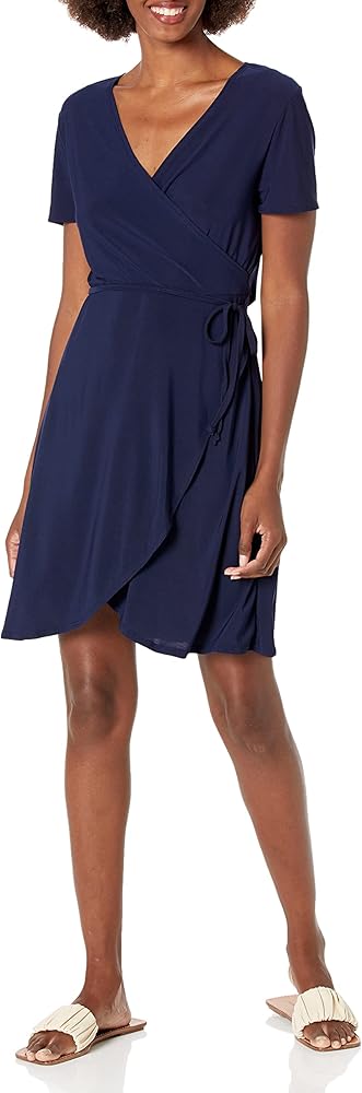 Star Vixen Women's Petite Short Sleeve Ballerina Wrap Dress, Navy, PS