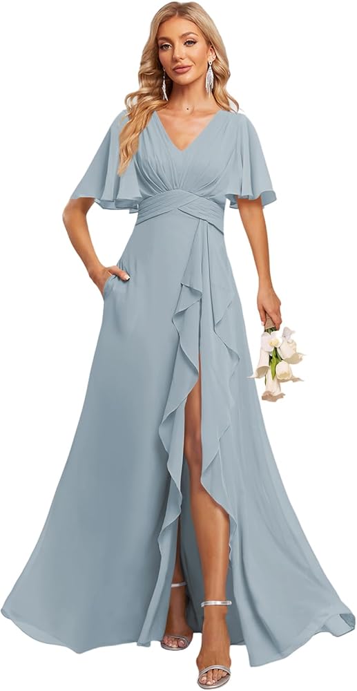 Women's V Neck Flutter Sleeve Bridesmaid Dresses with Pockets A Line Long Formal Party Dress with Slit DI89