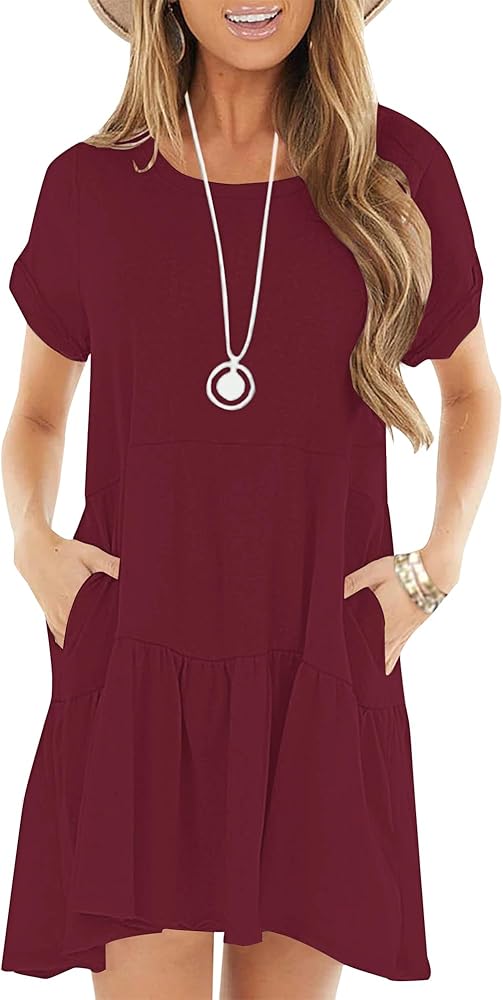 PLOKNRD Women's Summer Casual Dresses Short Sleeve Loose Ruffle Swing Pockets T Shirt Dress