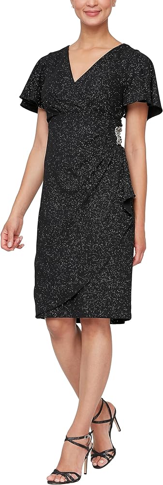 S.L. Fashions Women's Midi V-Neck Sheath Cocktail Dress w/Flutter Sleeves and Hip Detail, Wedding Guest, (Petite and Regular Sizes), Black