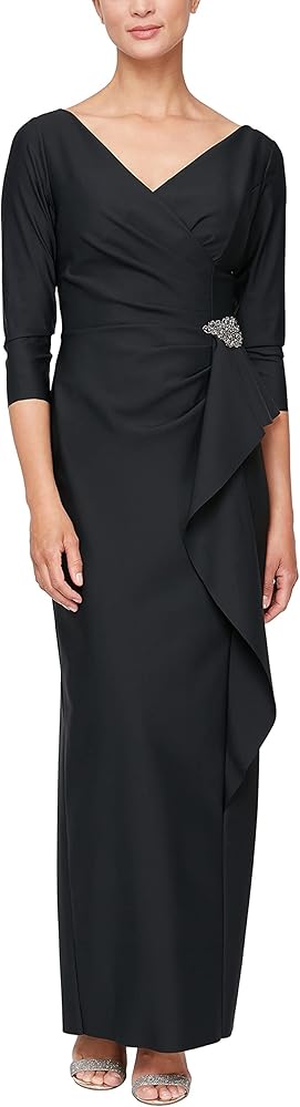 Alex Evenings Women's Slimming Long Length ¾ Sleeve Mother of The Bride Dress with Cascade Ruffle Skirt and Side Rushing