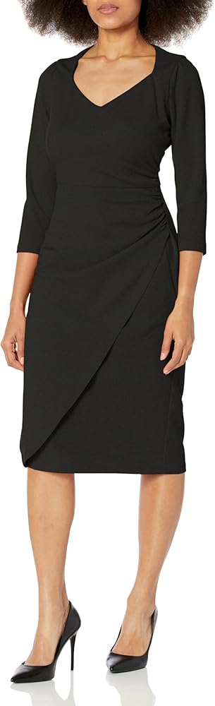 London Times Women's Sweetheart Neck Side Gather Midi Polished Chic Versatile Career Event Dress with Sleeves