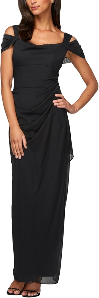 Alex Evenings Women's Long Cold Shoulder Dress, Mother of The Bride, Formal Events, (Petite and Regular Sizes)