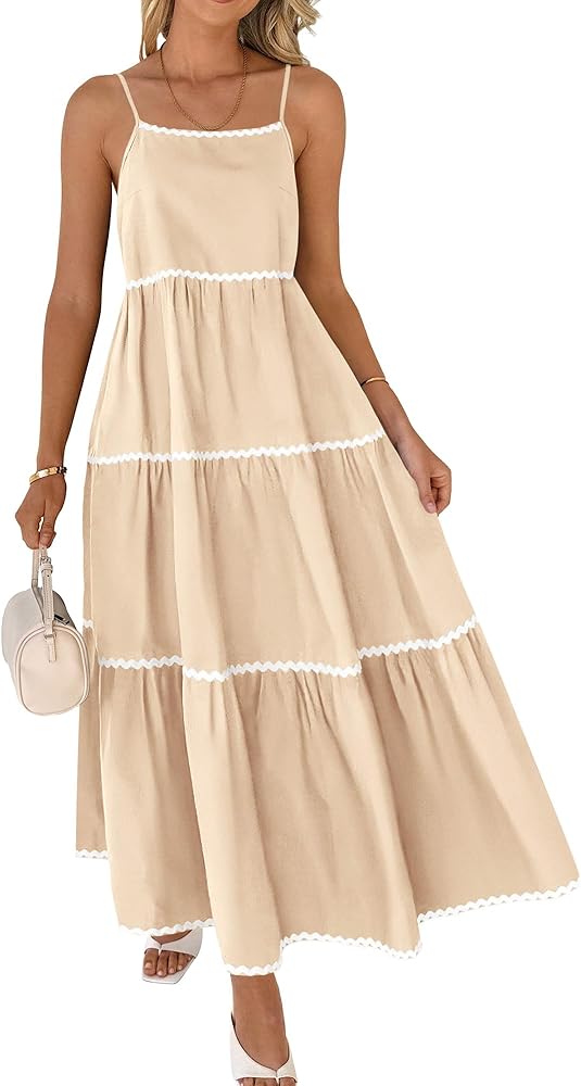 BTFBM Boho Summer Dresses 2024 Vacation Spaghetti Strap Backless Ric Rac Trim Tiered A-Line Long Casual Swing Sundress