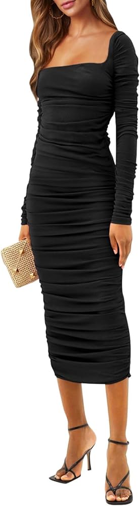 Pink Queen Women's 2023 Fall Sexy Ruched Bodycon Dress Square Neck Long Sleeve Backless Knit Party Club Midi Dresses