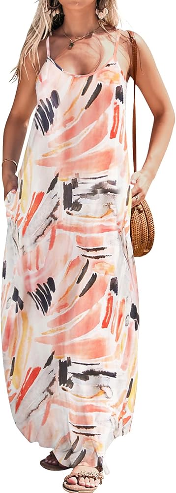 Bluetime Women Summer Casual Bohemian Maxi Dress V-neck Sleeveless Flowy Boho Floral Beach Long Dress with Pockets