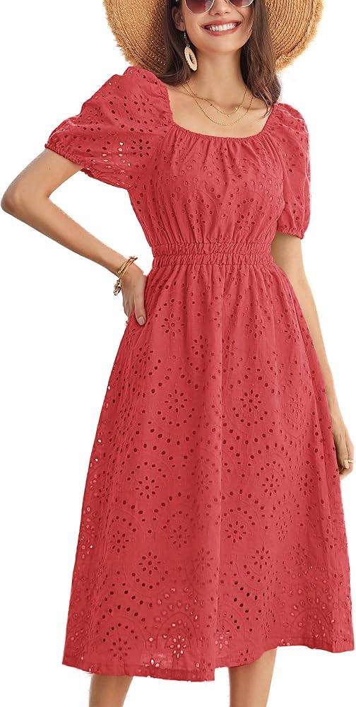 GRACE KARIN Women's Eyelet Dresses Summer Square Neck Short Puff Sleeve Casual A Line Boho Midi Dress