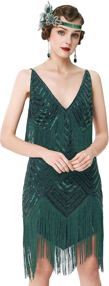 BABEYOND Women's 1920s Flapper Dress V Neck Slip Dress Roaring 20s Great Gatsby Dress for Party