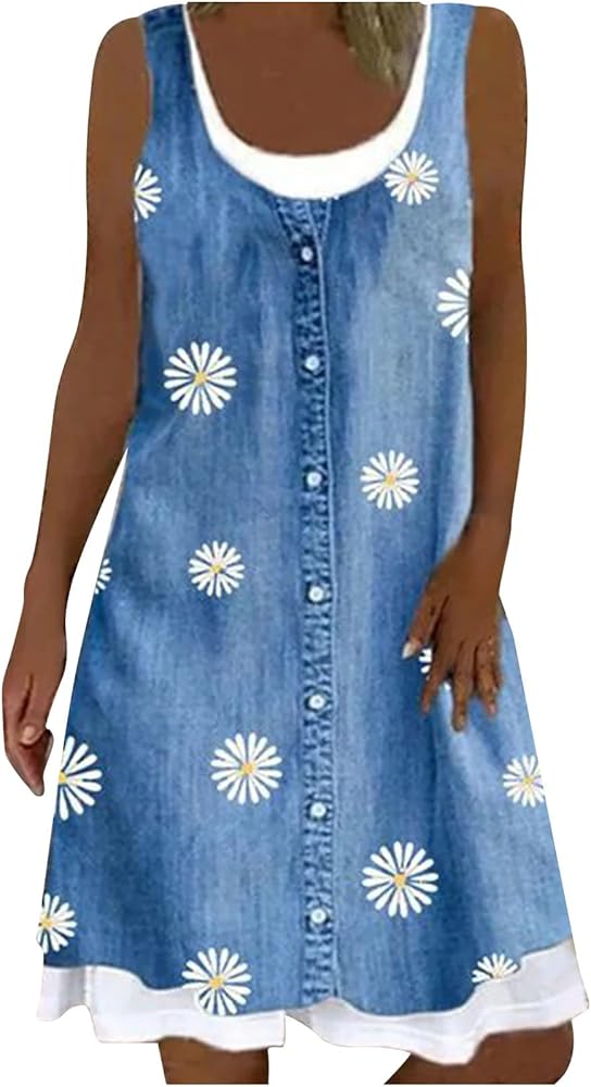 Womens Summer Denim Dress 2024 Crewneck Floral Print Fake Two-Piece Sleeveless Dress Loose Fit Casual Spring Dresses