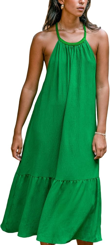 CUPSHE Women's Halter Backless Beach Dress Ruffle Sleeveless Back Tie Midi Casual Summer Dresses