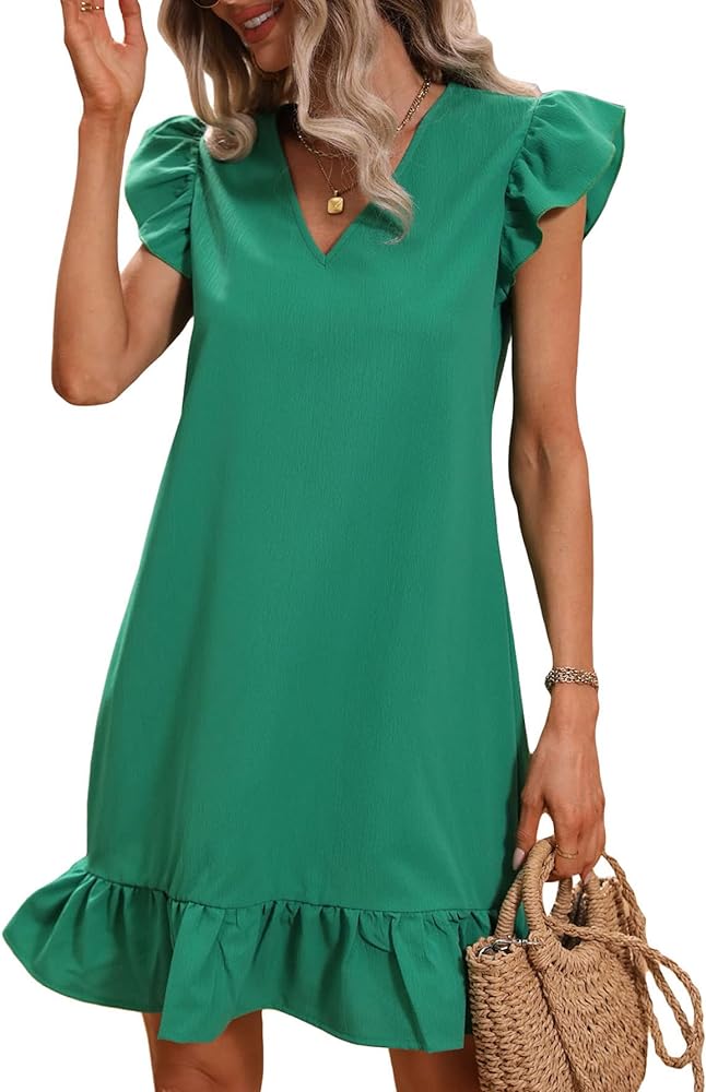 SOLY HUX Summer Dresses for Women V Neck Cap Sleeve Ruffle Hem Smock Short Dress