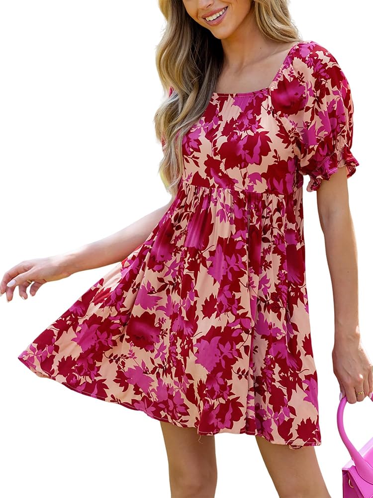 CUPSHE Women's Mini Dress Square Neck Floral Ruffled Short Sleeve A Line Short Beach Summer Formal Dress 2024