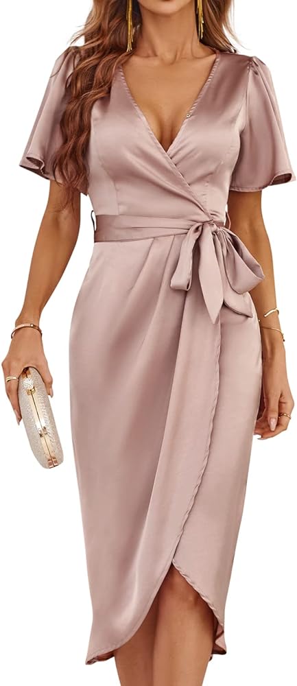 Newshows Women's 2023 Satin Short/Long Sleeve Cocktail Midi Dress Belted Ruched Slit Formal Wedding Guest Dresses